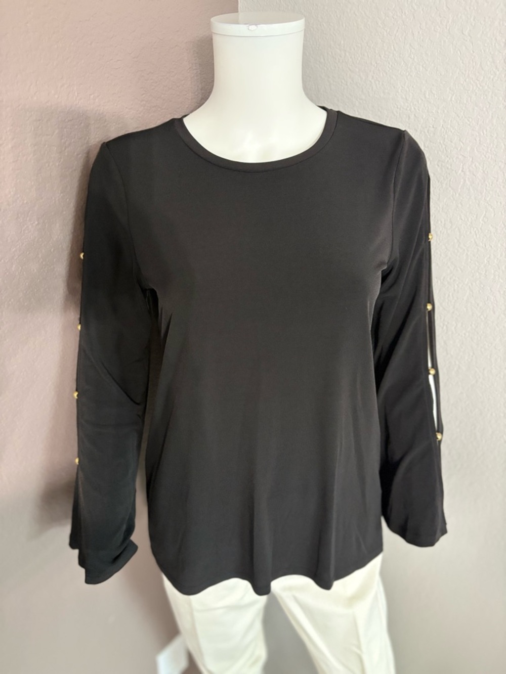 Michael Kors Black Long-Sleeve Crewneck Top with Gold Stud Detail